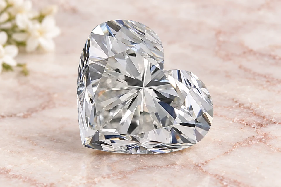Mise en scène du diamant cœur de 2,02 carat sur un fond mineral