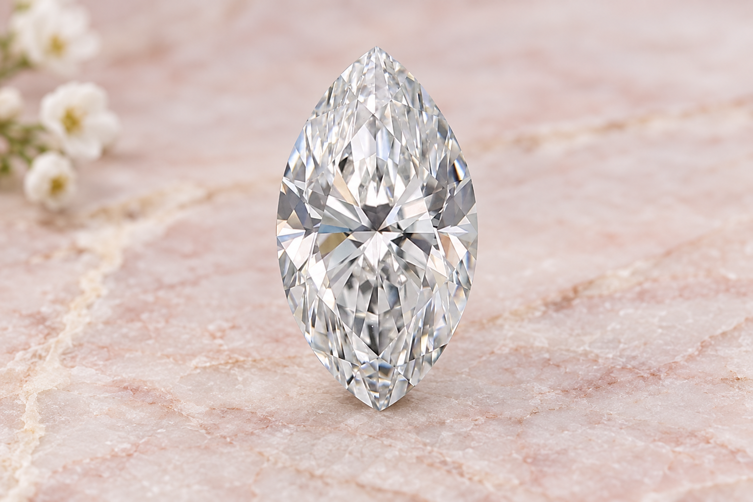 Mise en scène du diamant marquise de 0,9 carat sur un fond mineral
