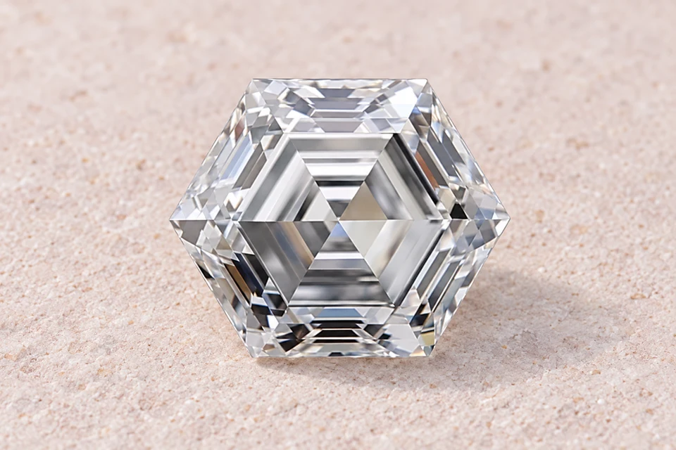 Mise en scène du diamant hexagonal de 0,71 carat sur un fond mineral