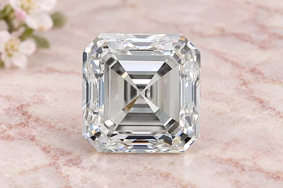 Mise en scène du diamant asscher de 1,01 carat sur un fond mineral