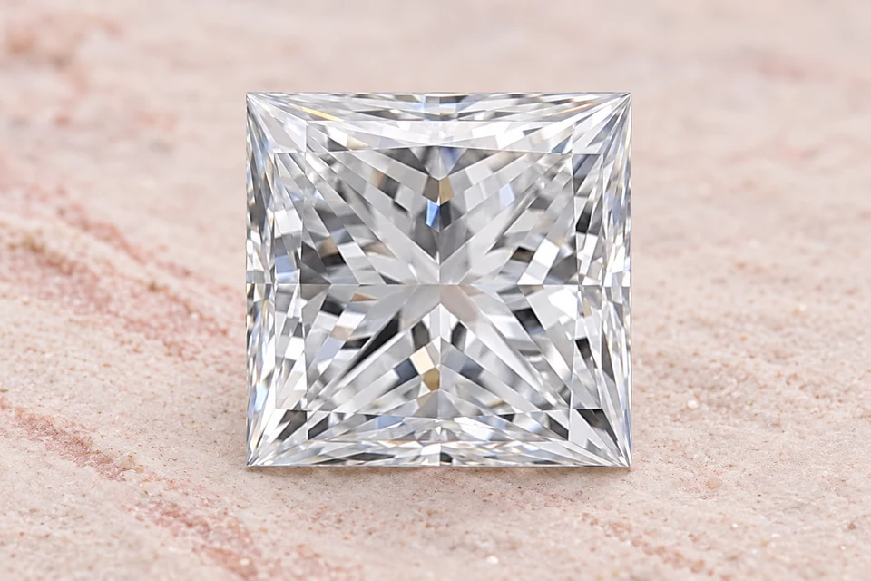 Mise en scène du diamant princesse de 1,01 carat sur un fond mineral
