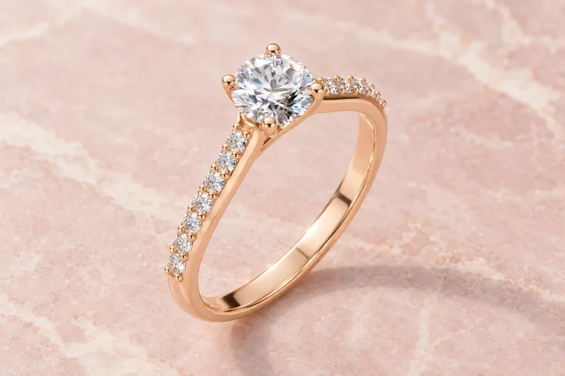 Bague solitaire Clarté rond en or rose 18 carats, composition éditoriale