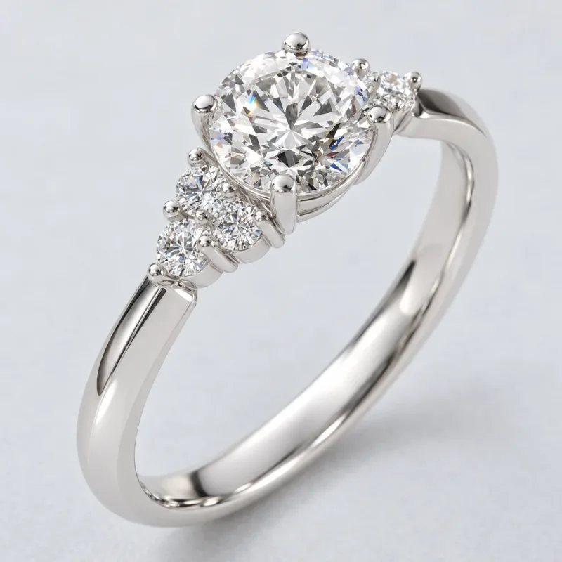Bague sept pierres Lison rond en or blanc 18 carats, détail du sertissage et du poli