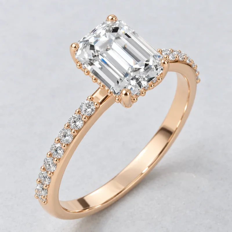 Bague halo caché Lisière émeraude en or rose 18 carats, détail du sertissage et du poli