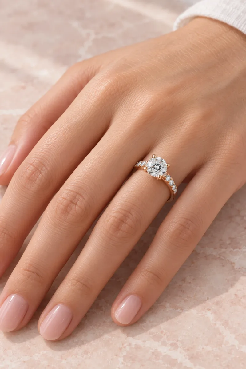 Bague solitaire Clarté rond en or rose 18 carats, bijou porté