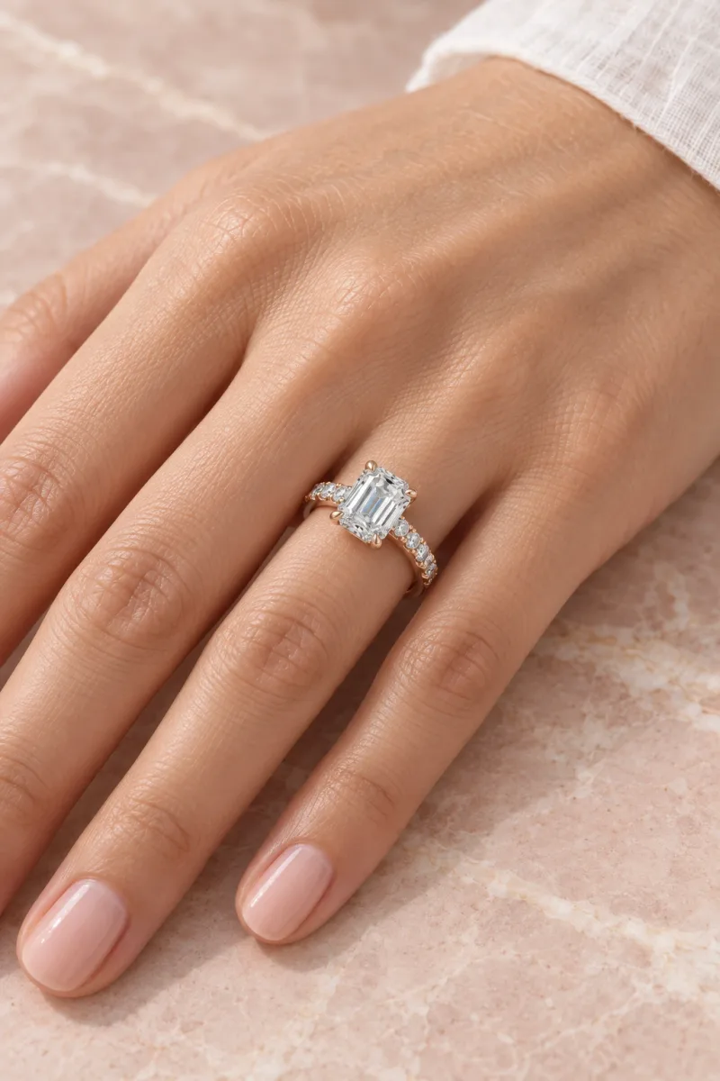 Bague halo caché Lisière émeraude en or rose 18 carats, bijou porté